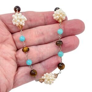 Estate Sterling Silver 925 Pearl Tiger’s Eye Chrysoprase Necklace 16.5"-19"